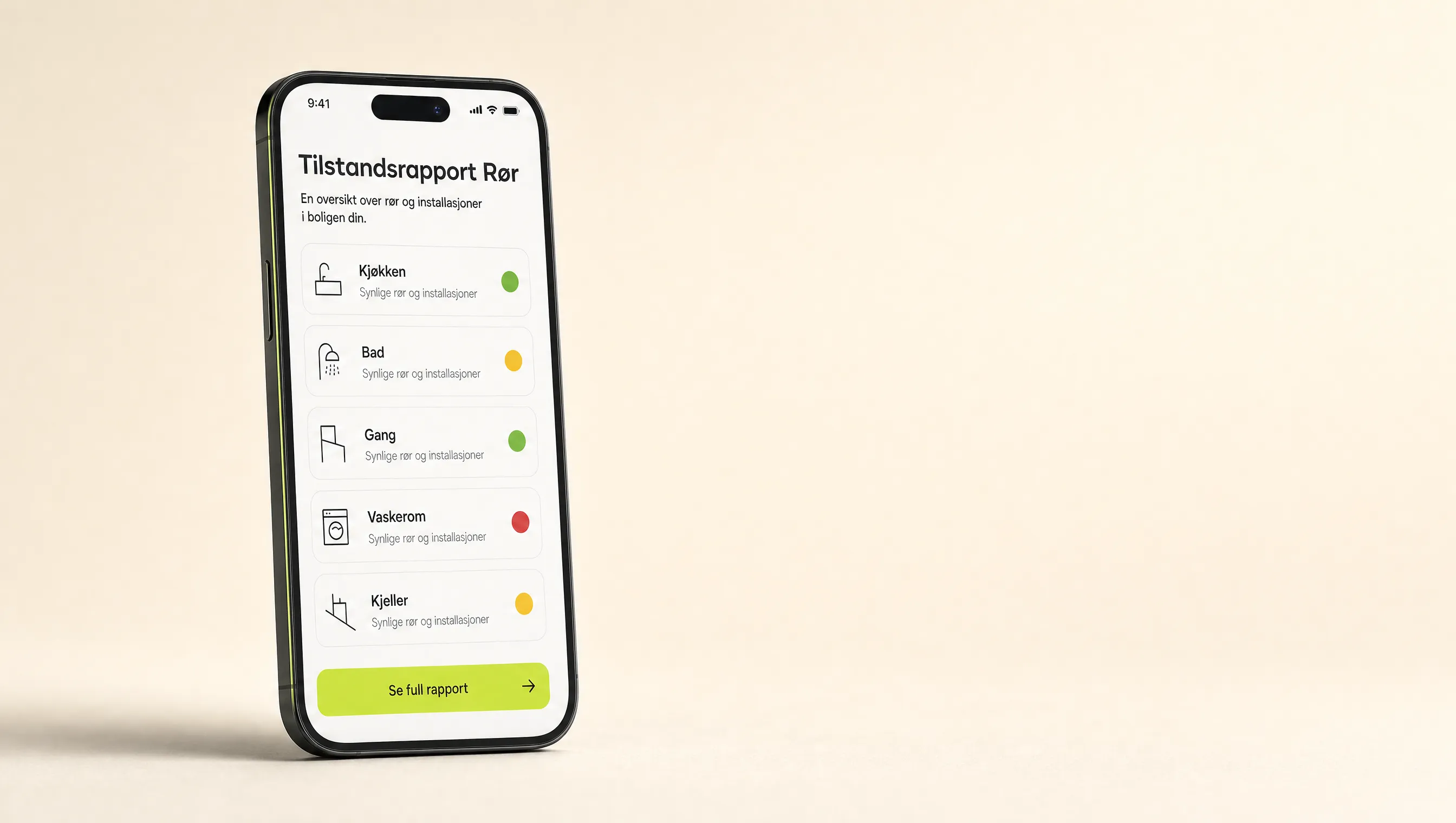 Digital tilstandsrapport rør vist i rørkortet på mobil — bad, kjøkken, gang, vaskerom og kjeller med tilstandsgrad grønn, gul og rød