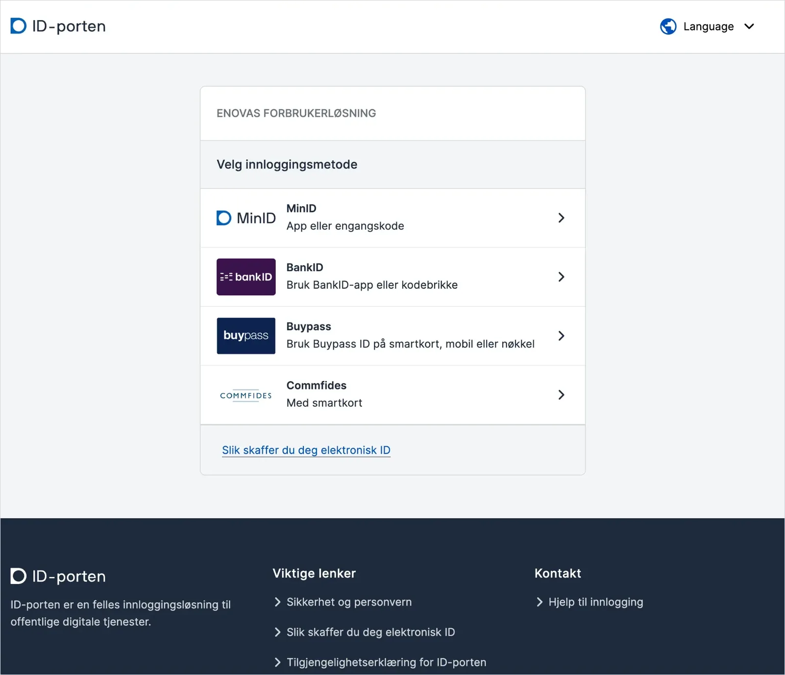 ID-porten med innloggingsvalgene MinID, BankID, Buypass og Commfides