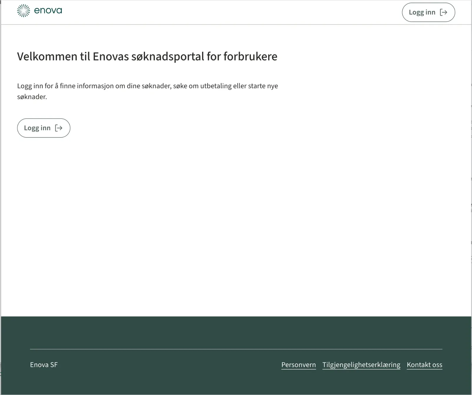 Velkomstsiden i Enovas søknadsportal for forbrukere, med Logg inn-knapp