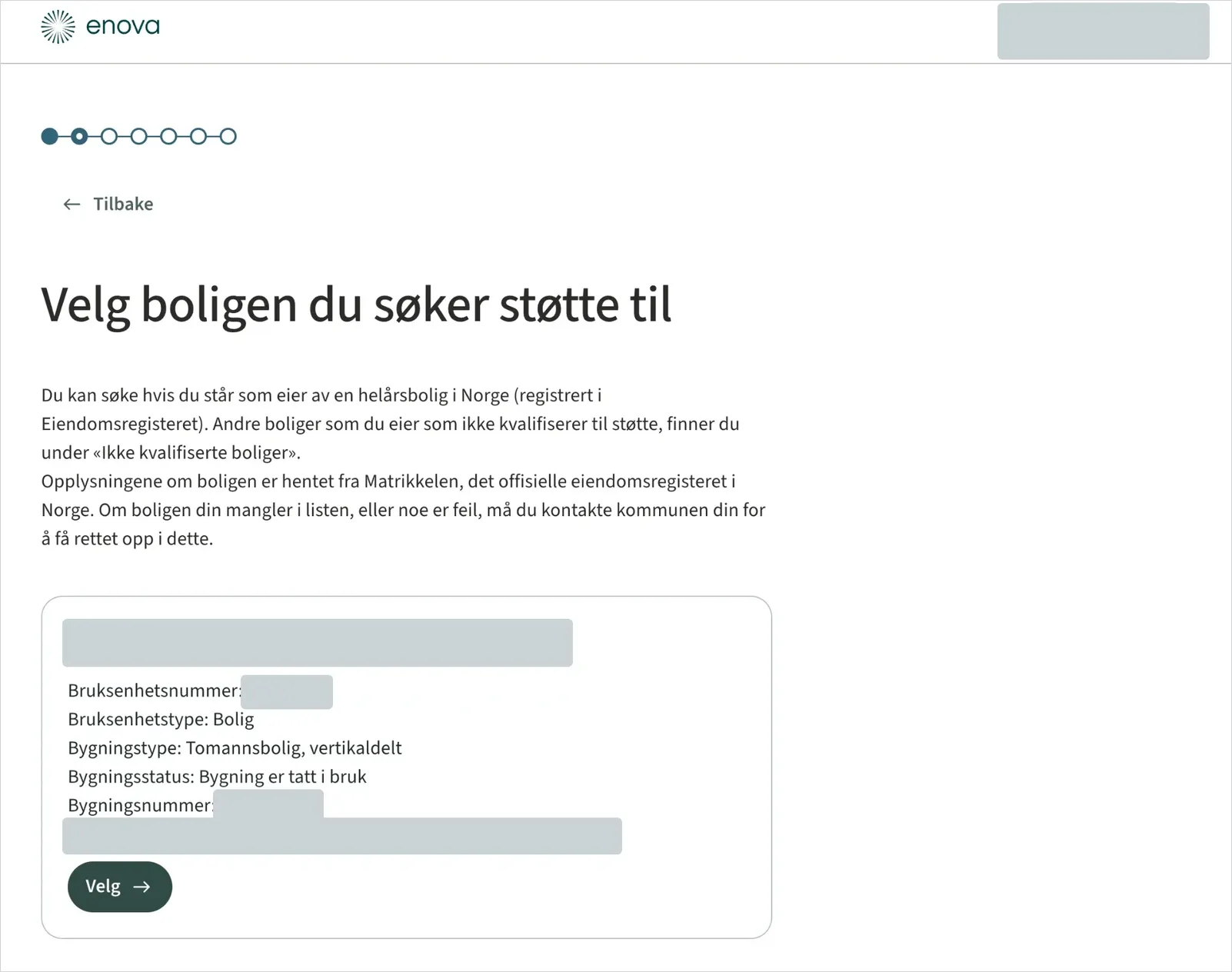 Siden «Velg boligen du søker støtte til» i søknadsportalen, med et boligkort og Velg-knapp