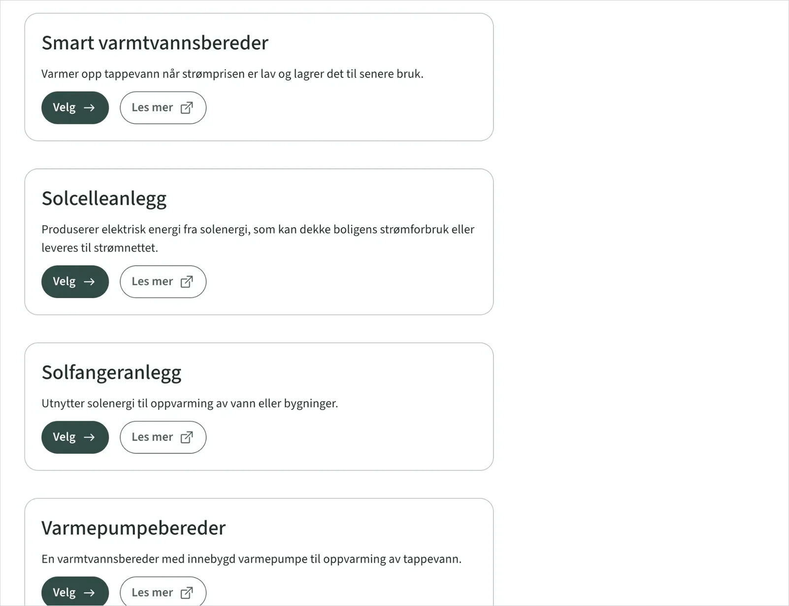 Tiltakslisten i søknadsportalen, med kortet Smart varmtvannsbereder øverst etterfulgt av solcelleanlegg, solfangeranlegg og varmepumpebereder