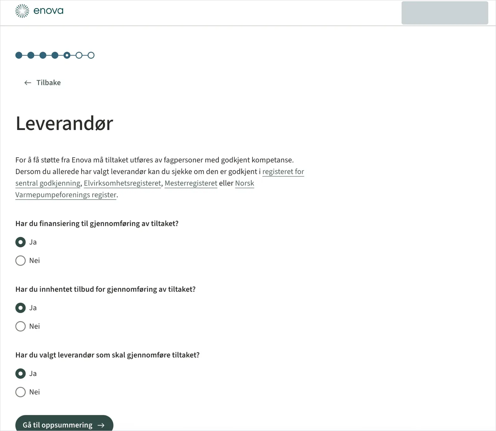 Leverandør-siden i søknadsportalen med de tre ja/nei-spørsmålene besvart med ja, og knappen Gå til oppsummering