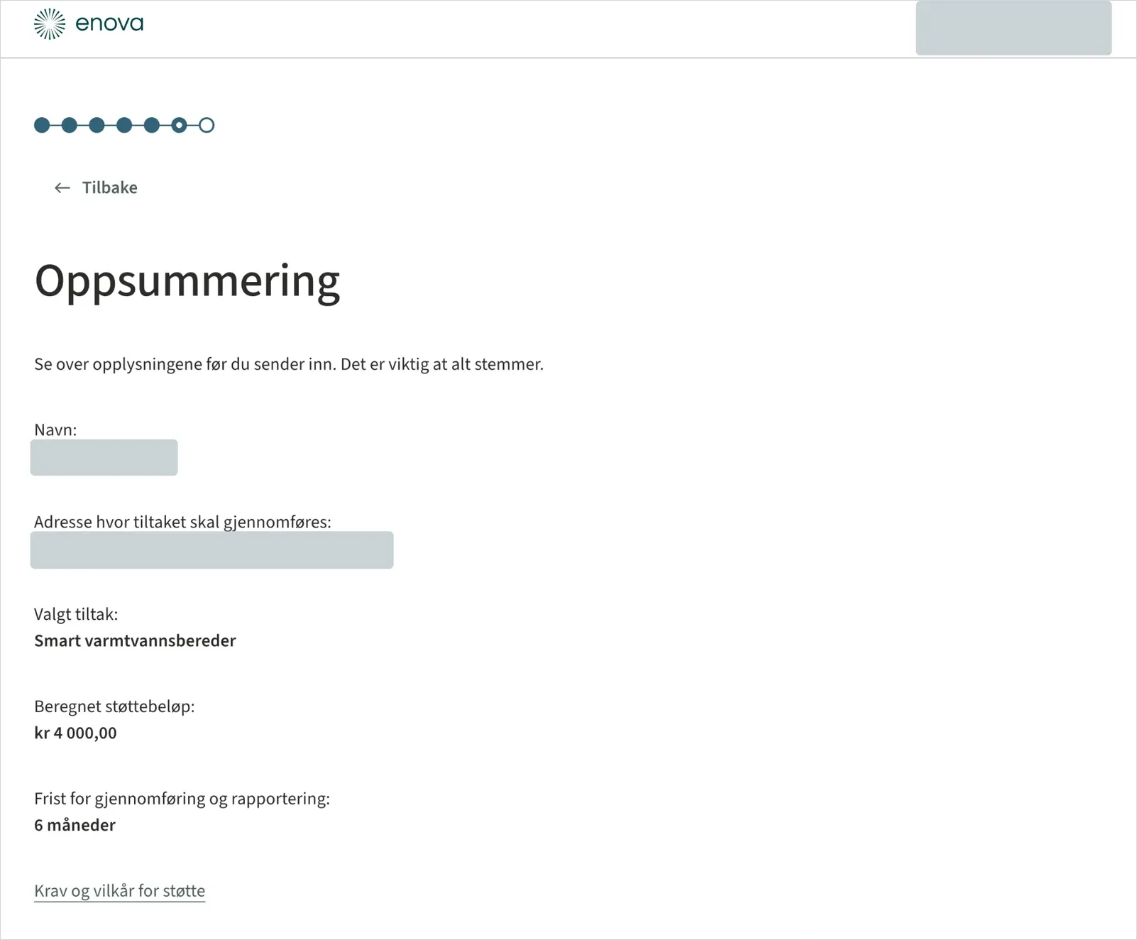 Oppsummeringssiden i søknadsportalen med valgt tiltak Smart varmtvannsbereder, beregnet støttebeløp 4 000 kr og frist på 6 måneder